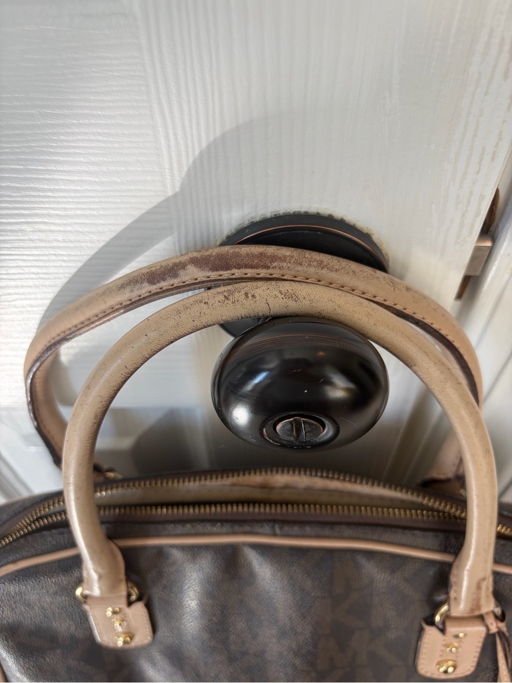 Michael Kors Dark Brown MK Logo Dome Satchel with Light Tan Trim - Picture 3 of 10